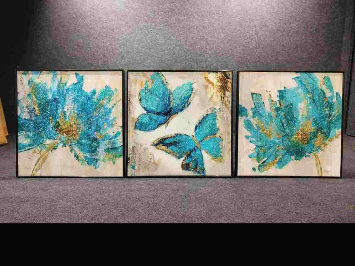 Teal Crystal Flowers and Butterflies Set of 3