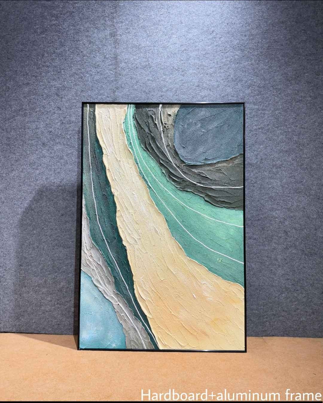 Teal, Grey & Sand Flowing Abstract Wall Art – close-up product photo
