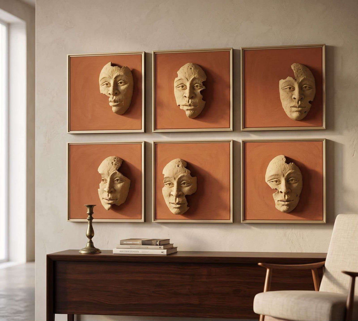 Terracotta Square Panels with Sculpted Beige Faces – product photo of the full set
