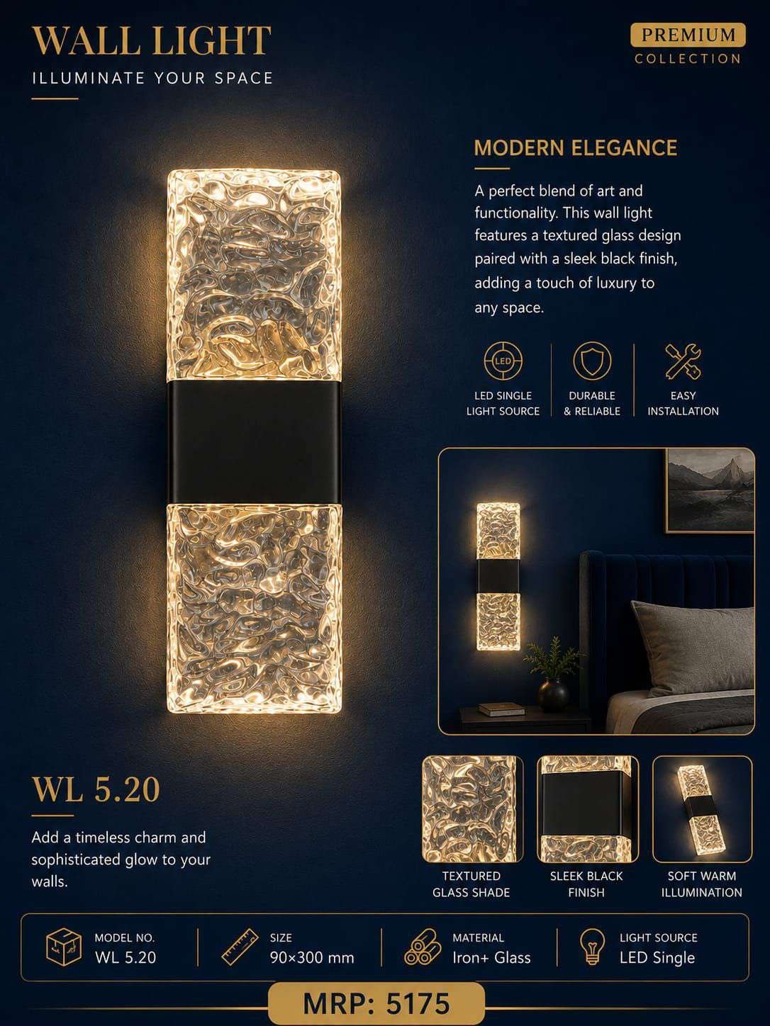 Textured Glass Block Wall Light – Black