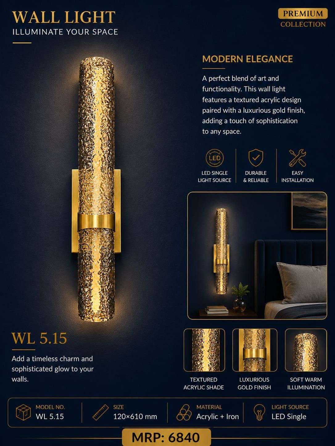 Textured Tube Wall Light – Gold