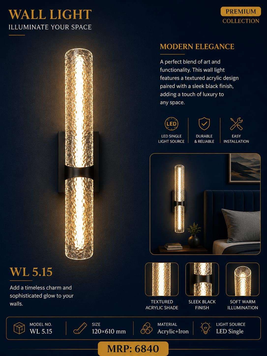 Textured Tube Wall Light – Clear & black