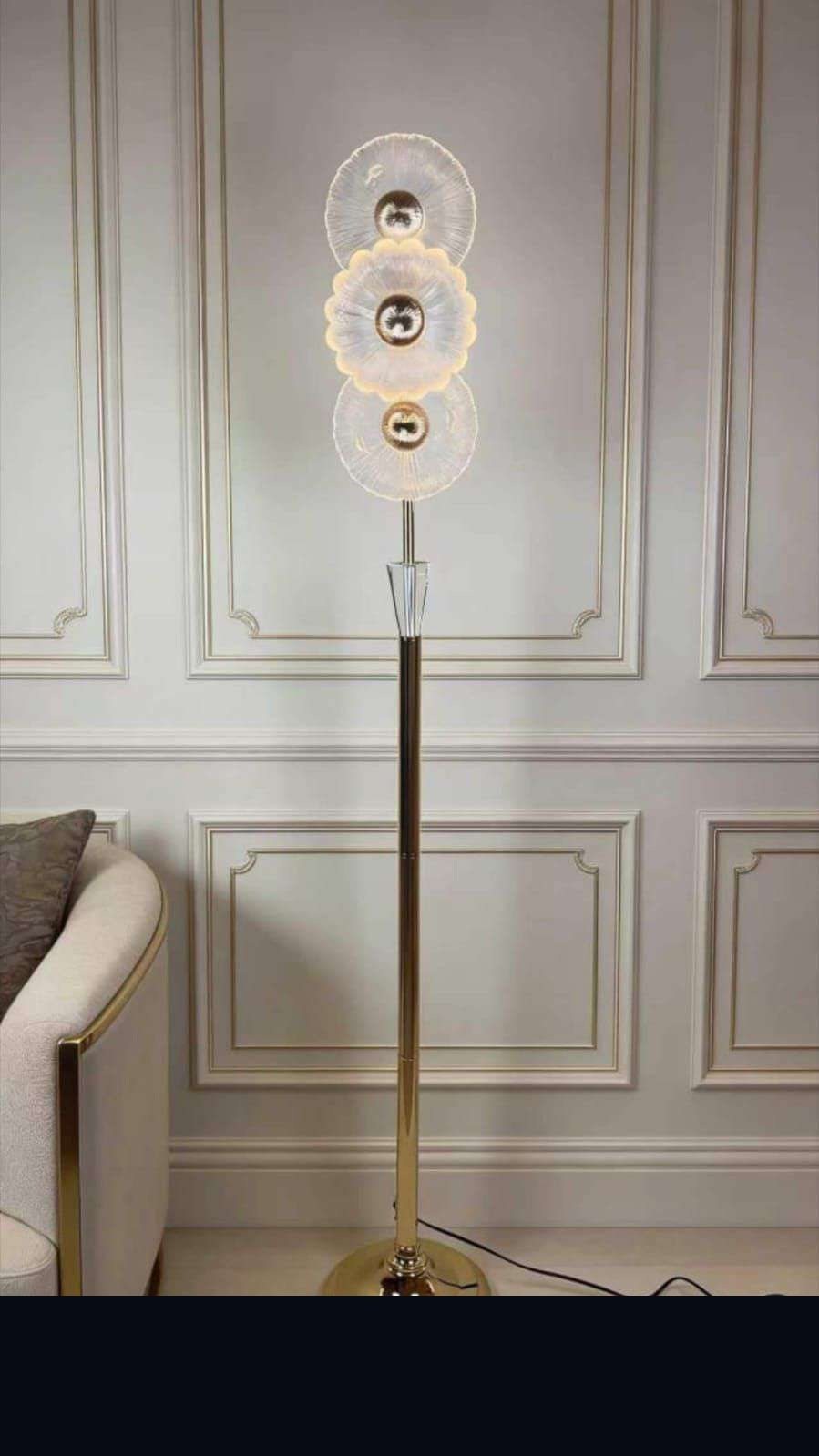 Triple Acrylic Flower-disc Floor Lamp on Gold Stand