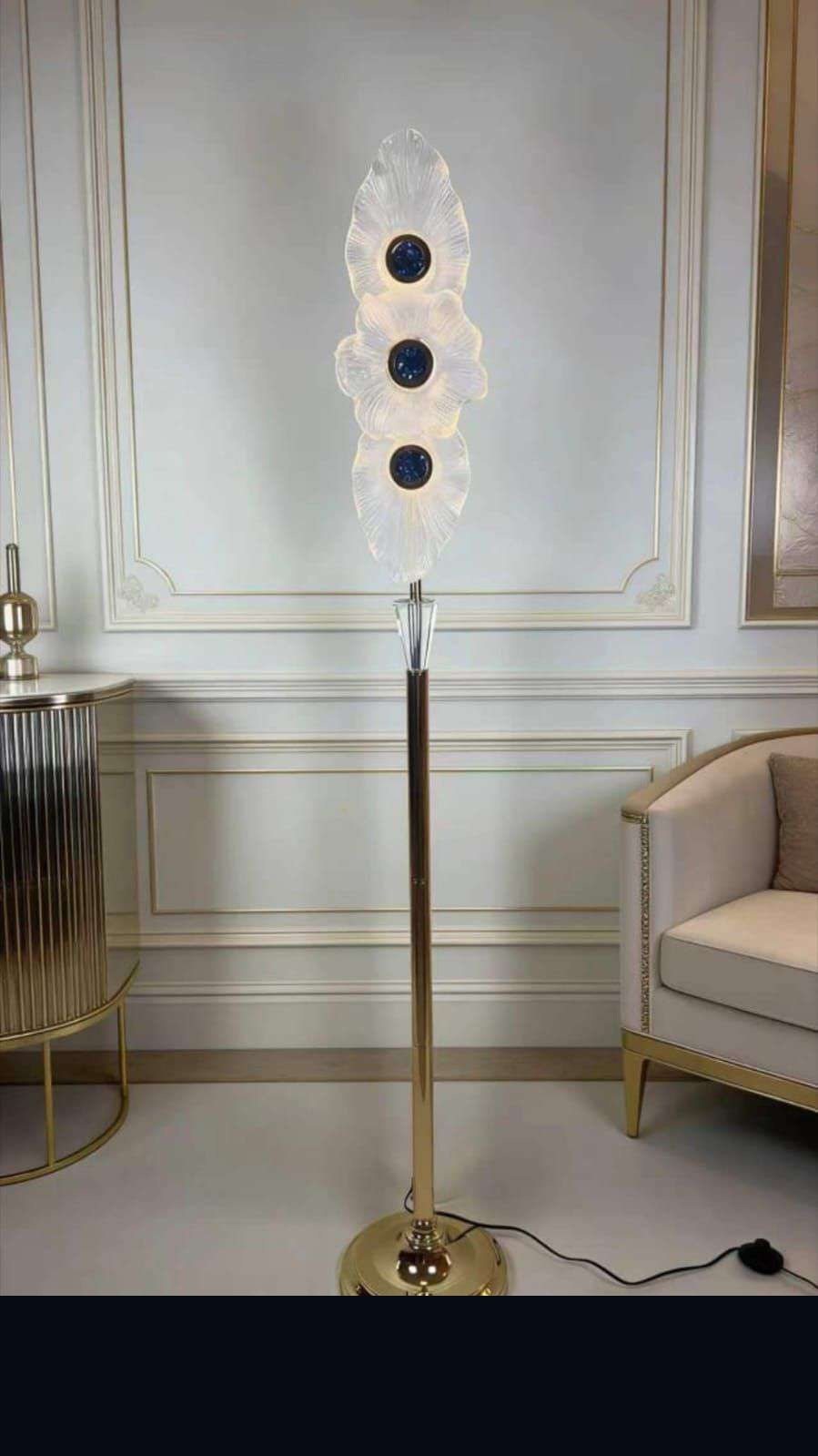 Triple Acrylic Petal-panel Floor Lamp with Blue Accents on Gold Stand