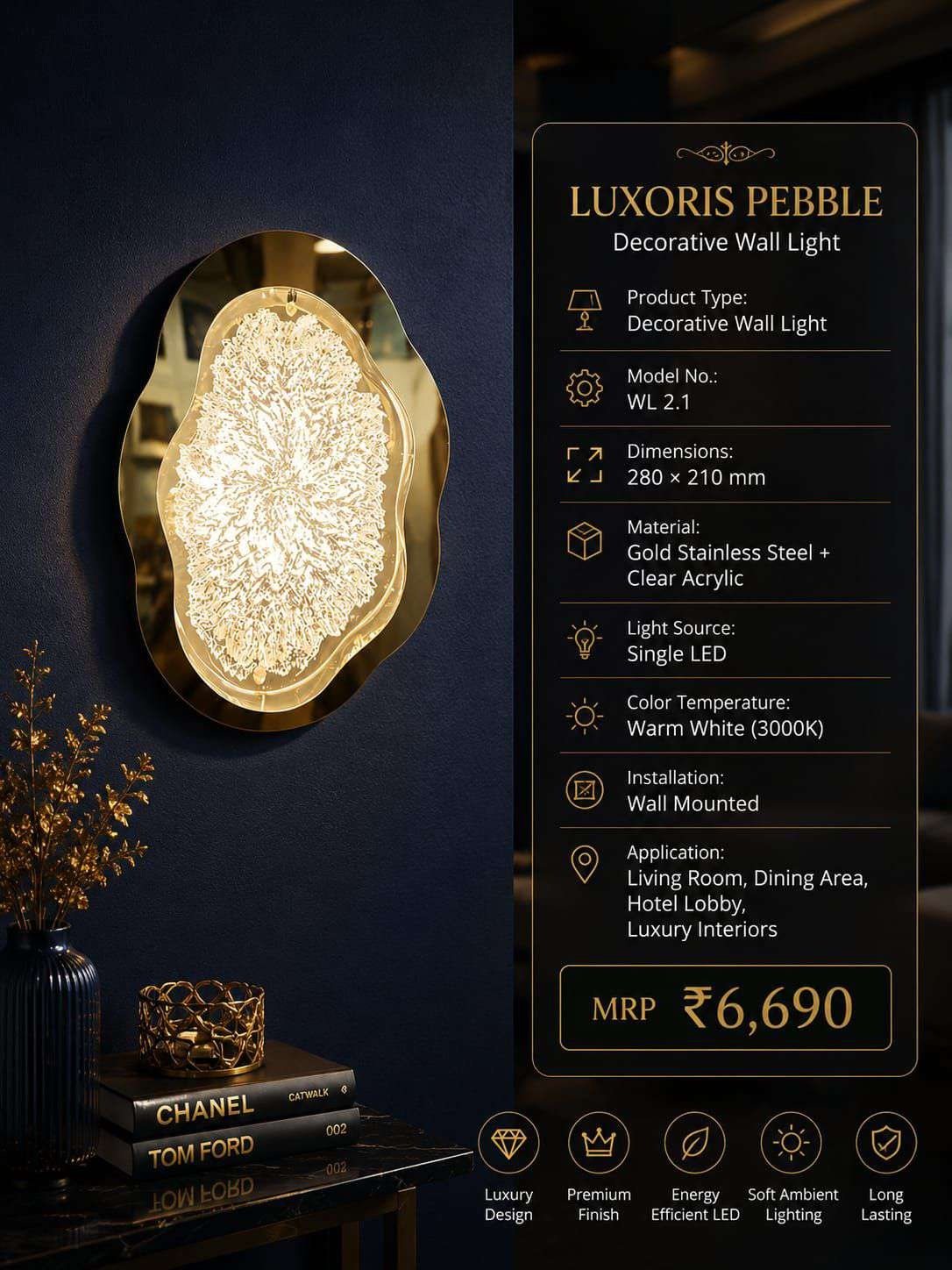 Wavy-edge Wall Light with Crystal Centre – Gold