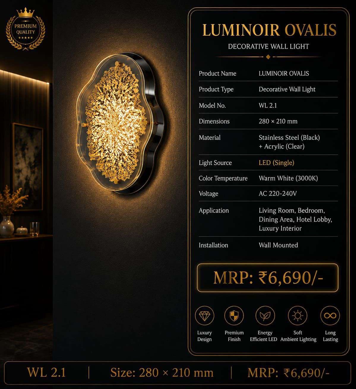 Wavy-edge Wall Light with Crystal Centre – Black