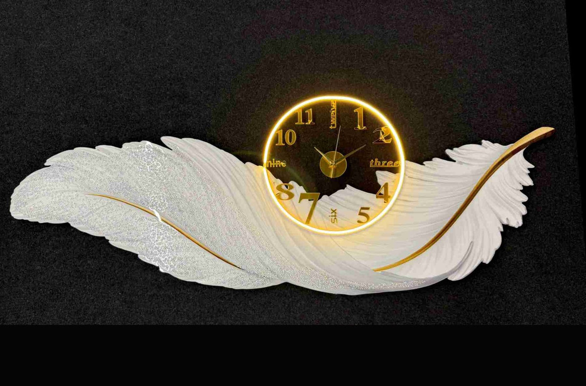 White Feather Wall Clock with LED Ring
