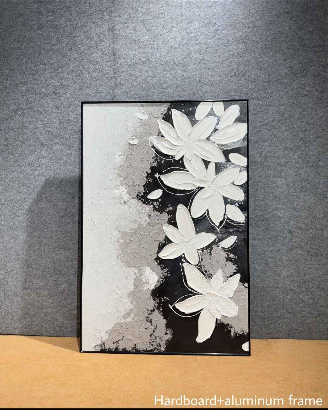 White Flowers on Black & Grey Textured Wall Art – close-up product photo