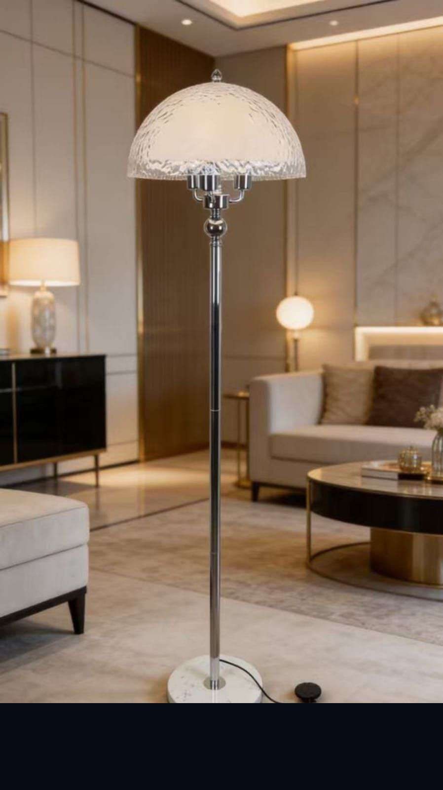White Textured Dome Floor Lamp with Chrome Pole and White Marble Base