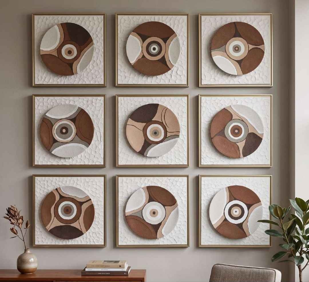 White Textured Square Panels with Brown Round Abstract Relief – product photo of the full set