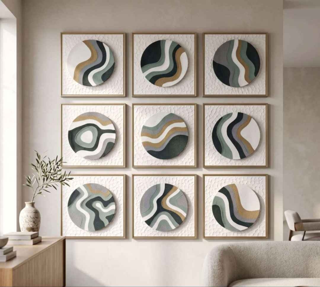 White Textured Square Panels with Sage & Charcoal Wave Discs – product photo of the full set