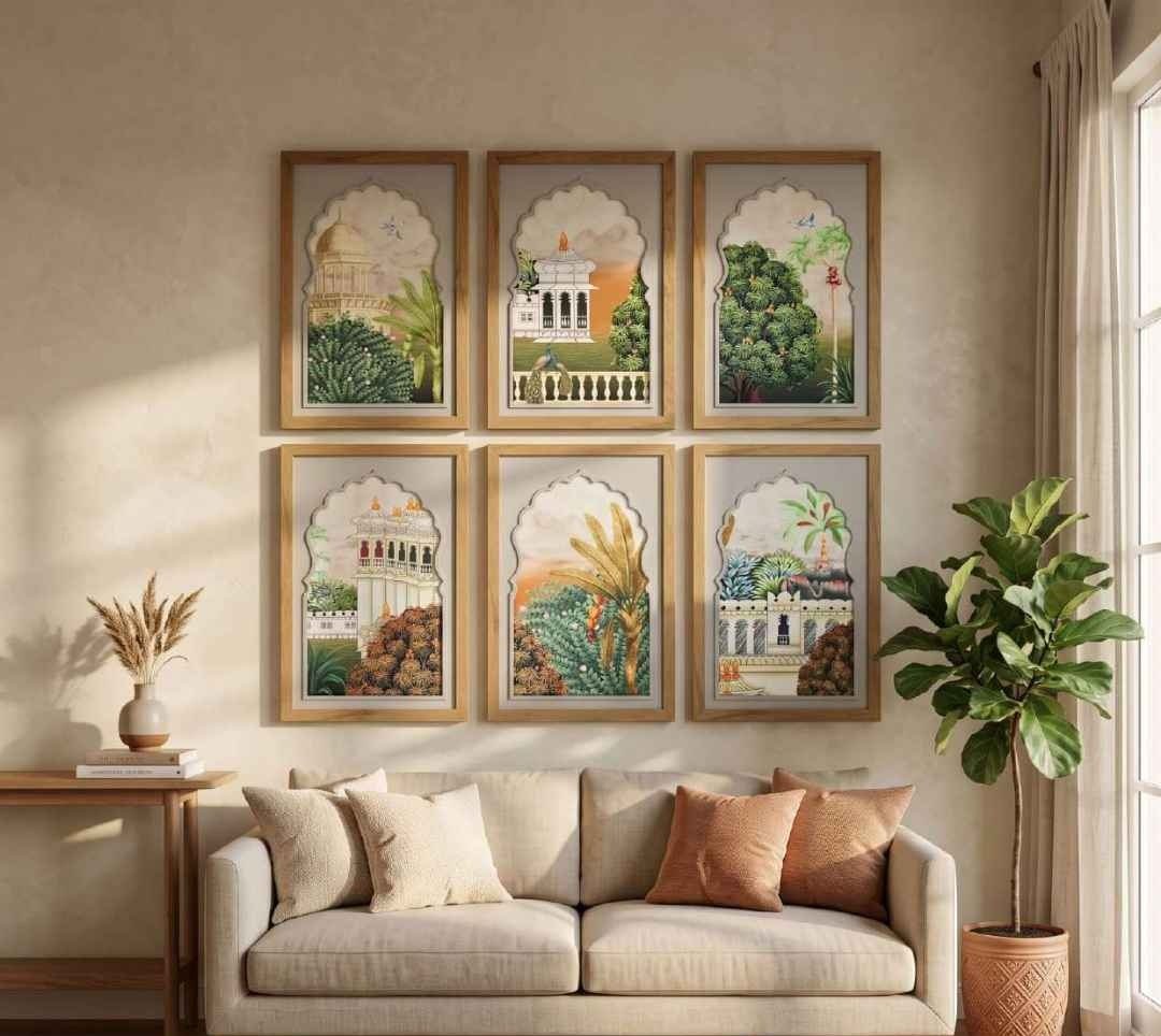 Wood-framed Mughal Arch Palace & Garden Paintings – product photo of the full set