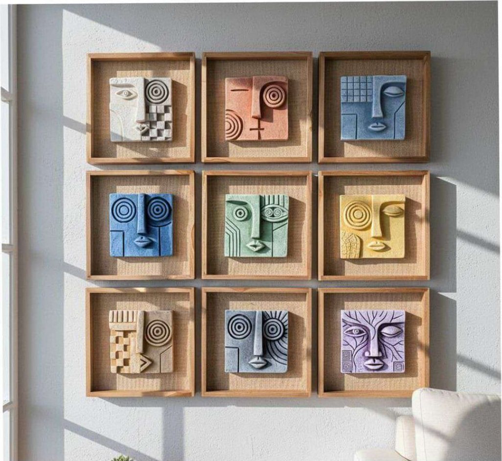 Wood-framed Sculpted Abstract Face Panels in Mixed Colours – product photo of the full set
