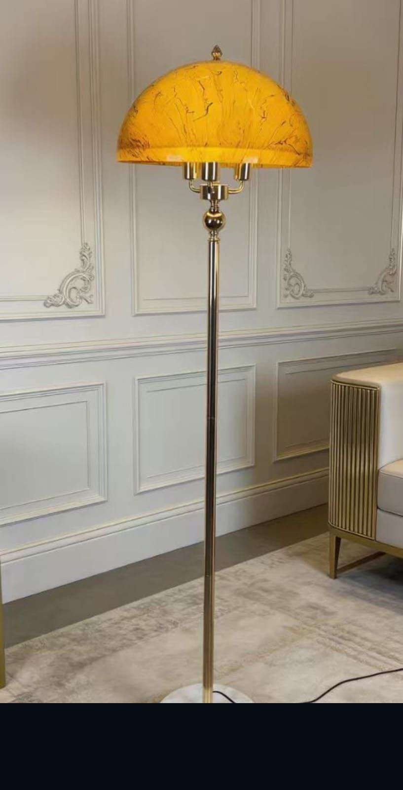 Yellow Marbled Dome Floor Lamp with Brass Pole and White Marble Base