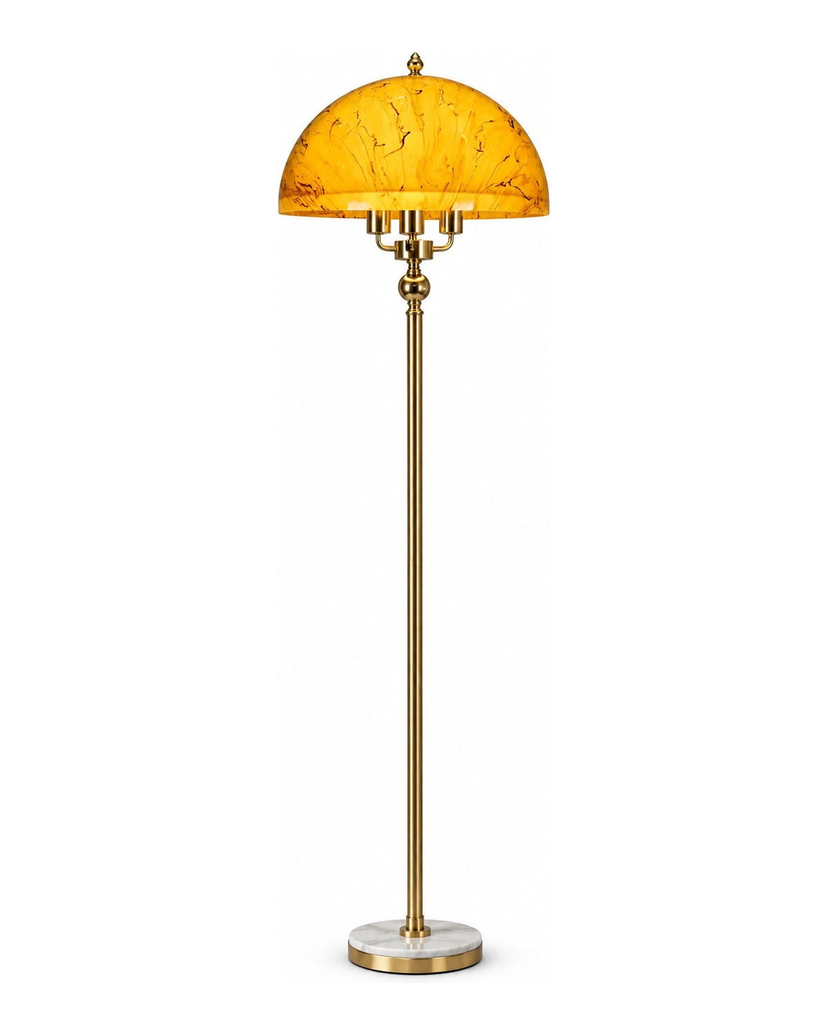 Yellow Marbled Dome Floor Lamp with Brass Pole and White Marble Base