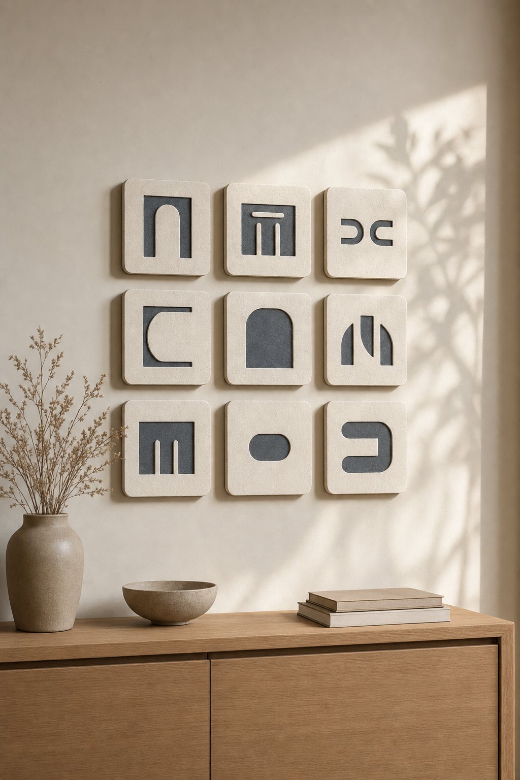 Square Beige Panels with Charcoal Geometric Shapes – 9-piece wall art set styled on a living room wall above a wooden sideboard