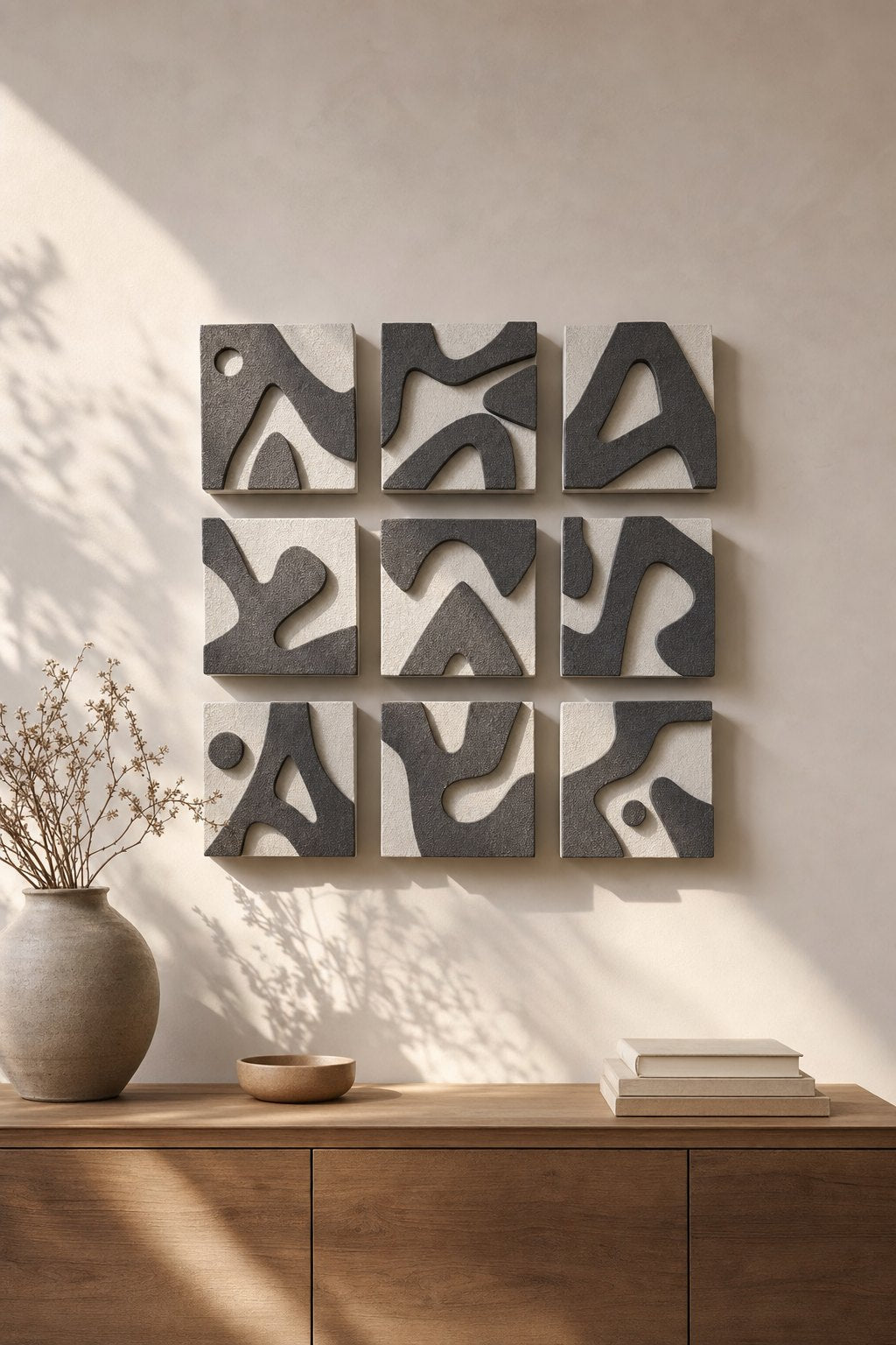 Square Black & White Organic Abstract Panels – 9-piece wall art set styled on a living room wall above a wooden sideboard