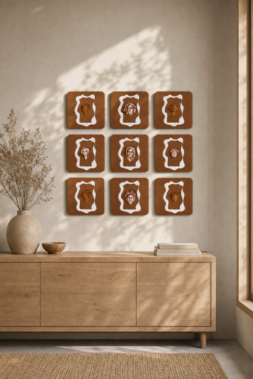 Square Brown Panels with Wavy White Border & Sculpted Faces – 9-piece wall art set styled on a living room wall above a wooden sideboard