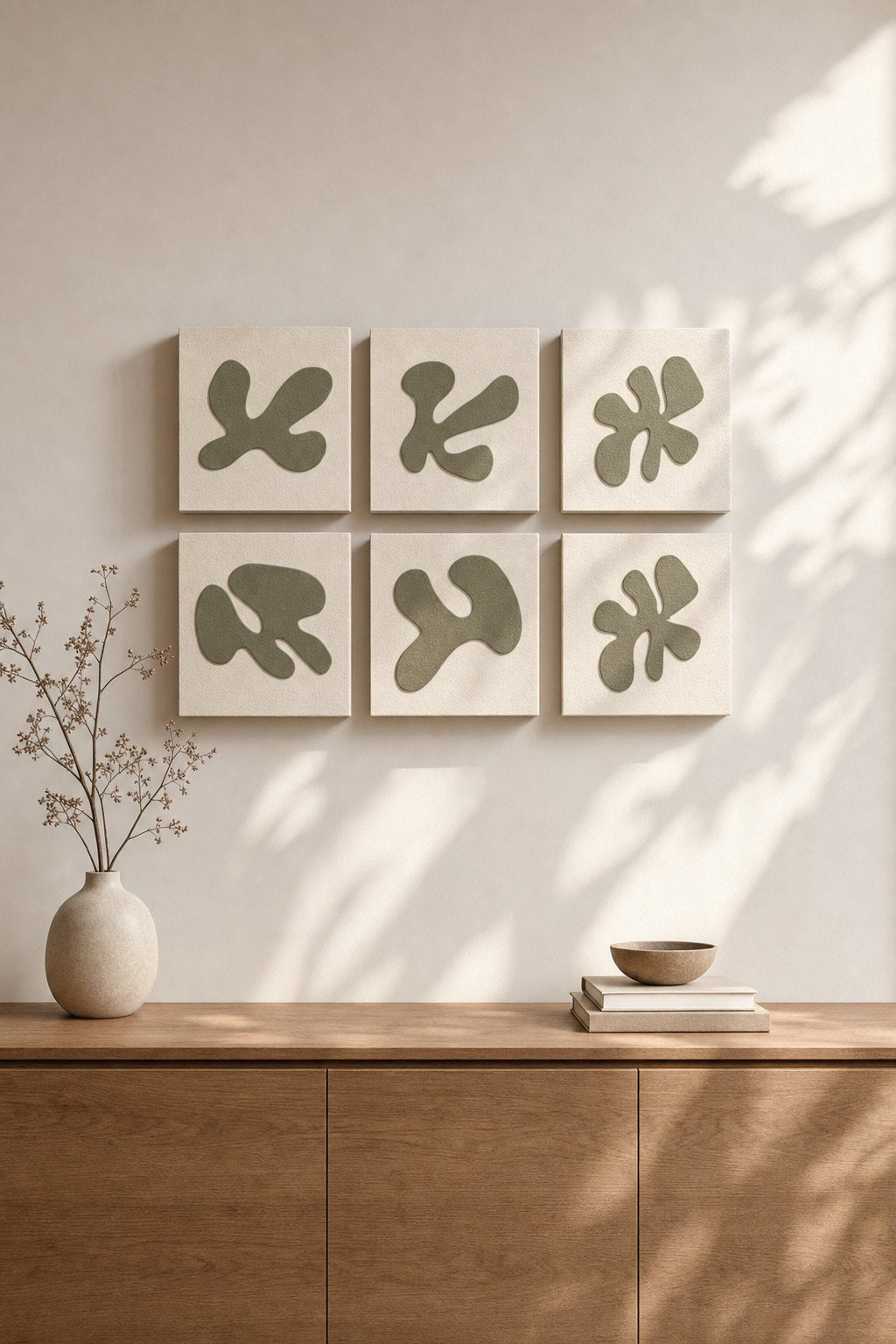 Square Cream Panels with Olive Organic Cut-out Shapes – 6-piece wall art set styled on a living room wall above a wooden sideboard