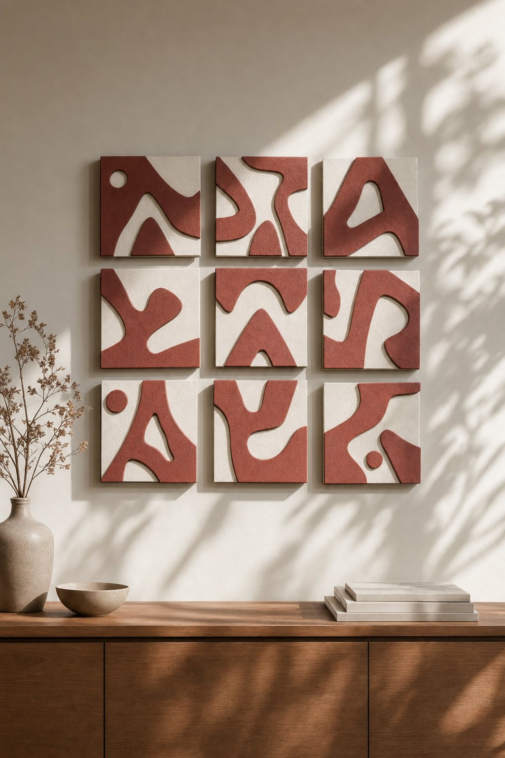Square Maroon & Cream Organic Abstract Panels – 9-piece wall art set styled on a living room wall above a wooden sideboard