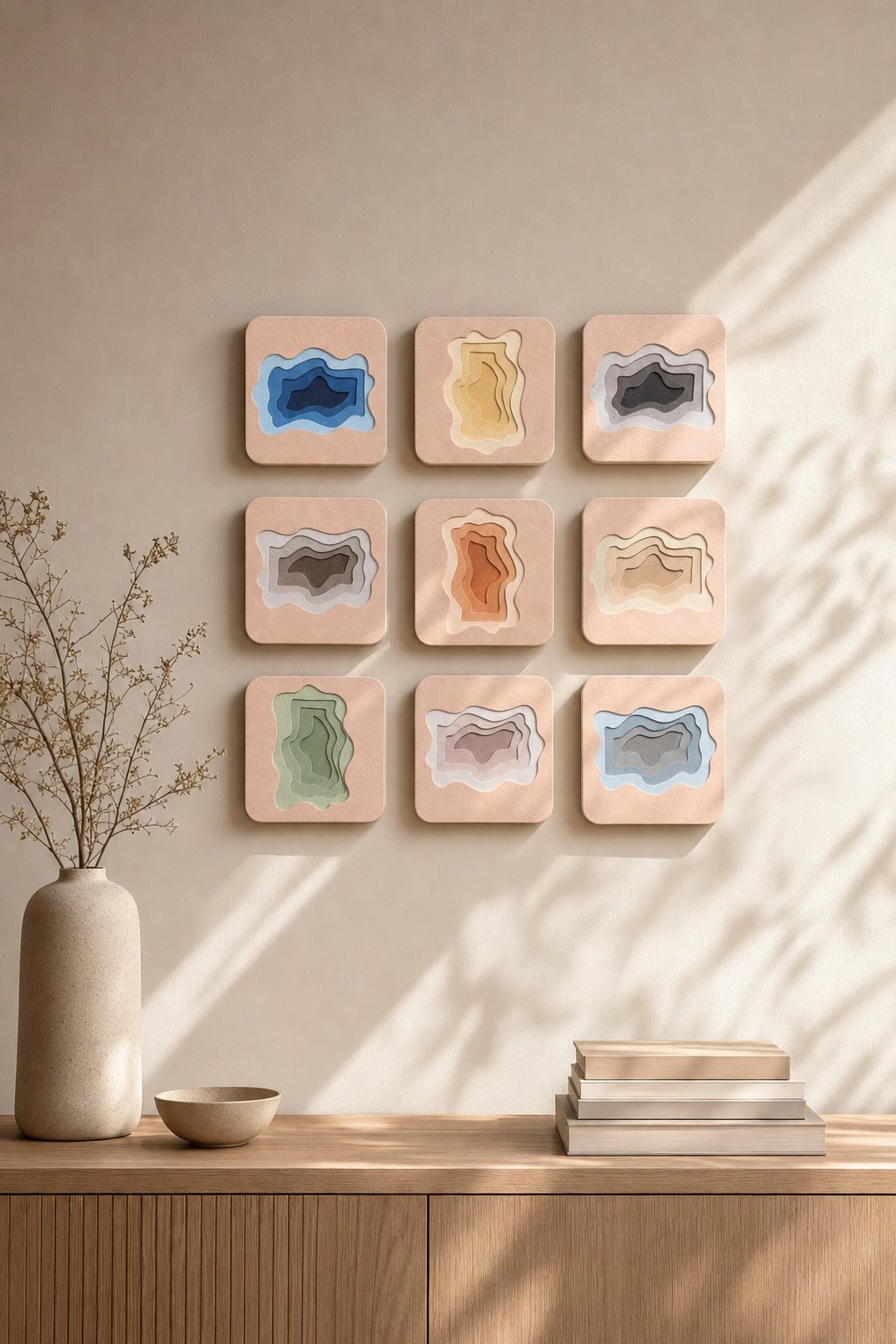 Square Peach Panels with Multicolour Layered Cut-outs – 9-piece wall art set styled on a living room wall above a wooden sideboard