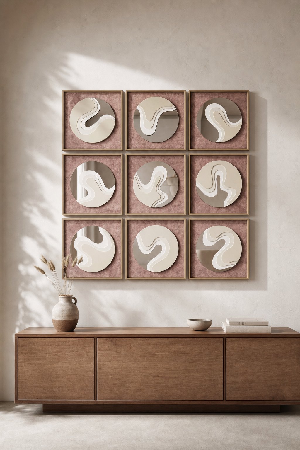 Square Pink Textured Panels with Round Mirror & Cream Wave Relief – 9-piece wall art set styled on a living room wall above a wooden sideboard