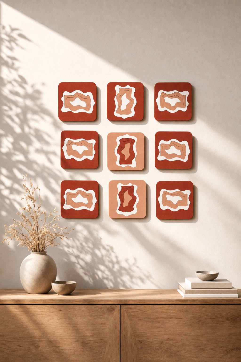 Square Rust & Peach Panels with Layered Organic Cut-outs – 9-piece wall art set styled on a living room wall above a wooden sideboard