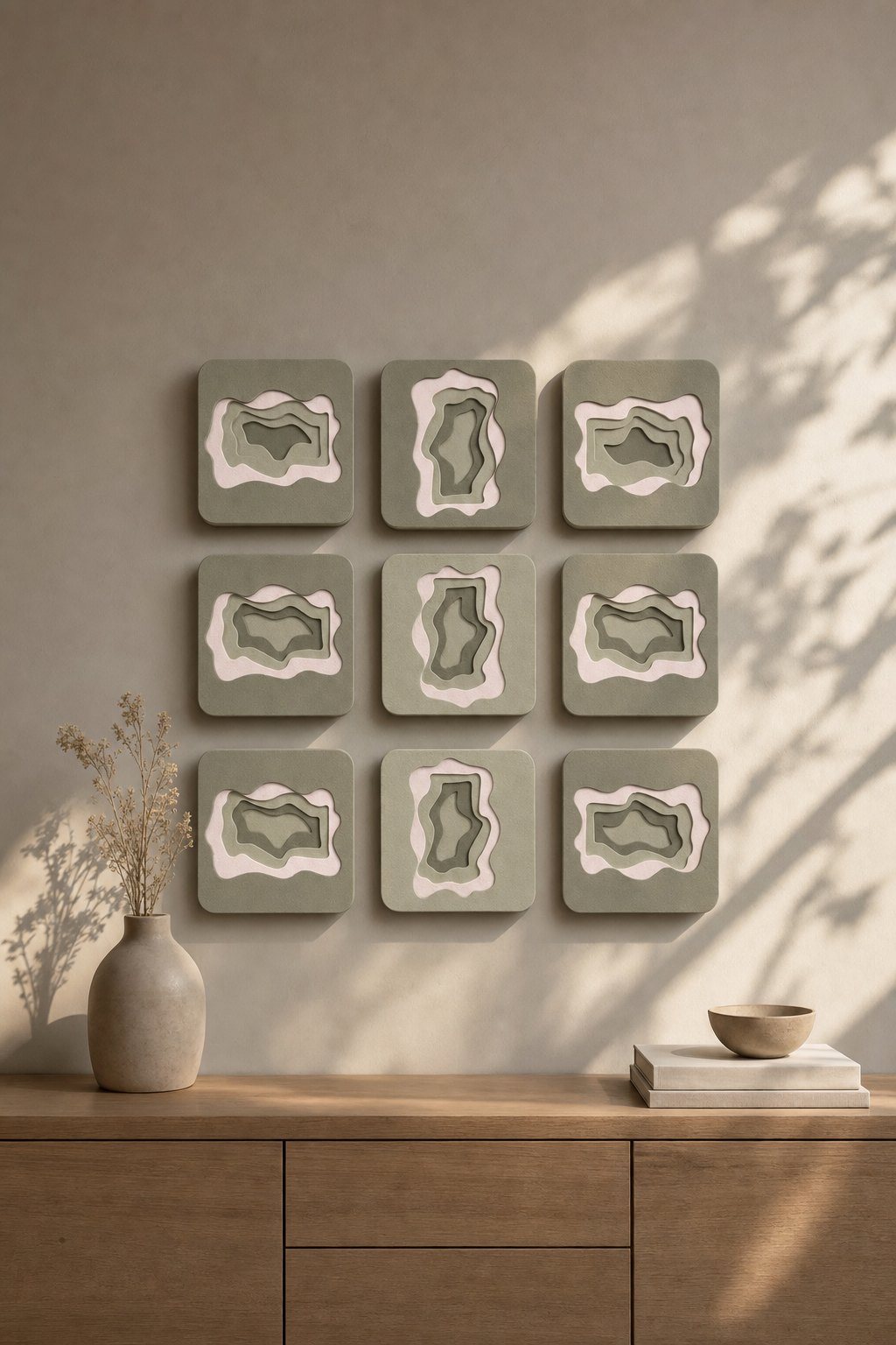 Square Sage Panels with Layered Organic Cut-outs – 9-piece wall art set styled on a living room wall above a wooden sideboard