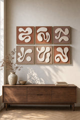 Square Terracotta Panels with White Textured Abstract Shapes Wall Art