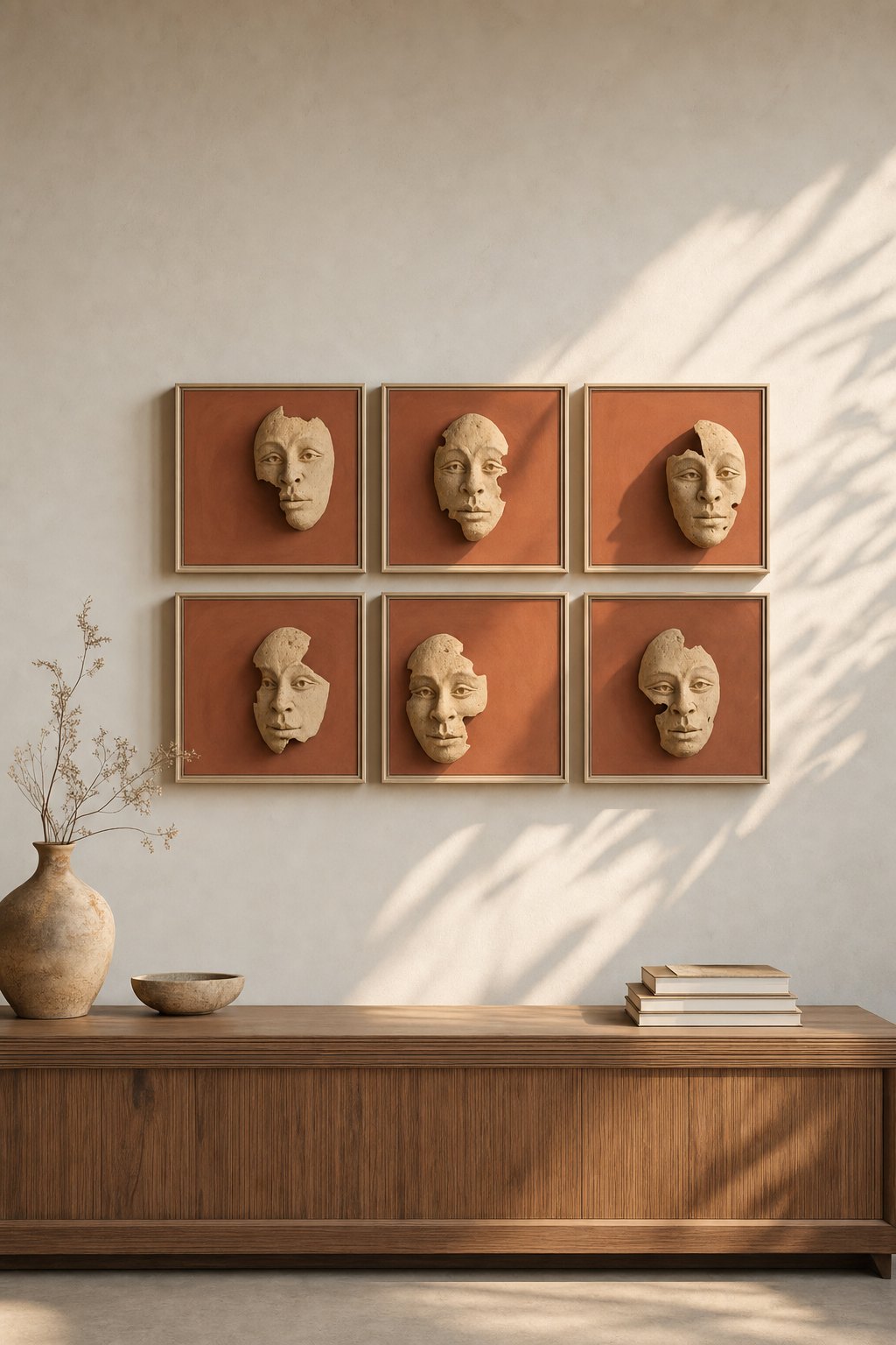 Terracotta Square Panels with Sculpted Beige Faces – 6-piece wall art set styled on a living room wall above a wooden sideboard