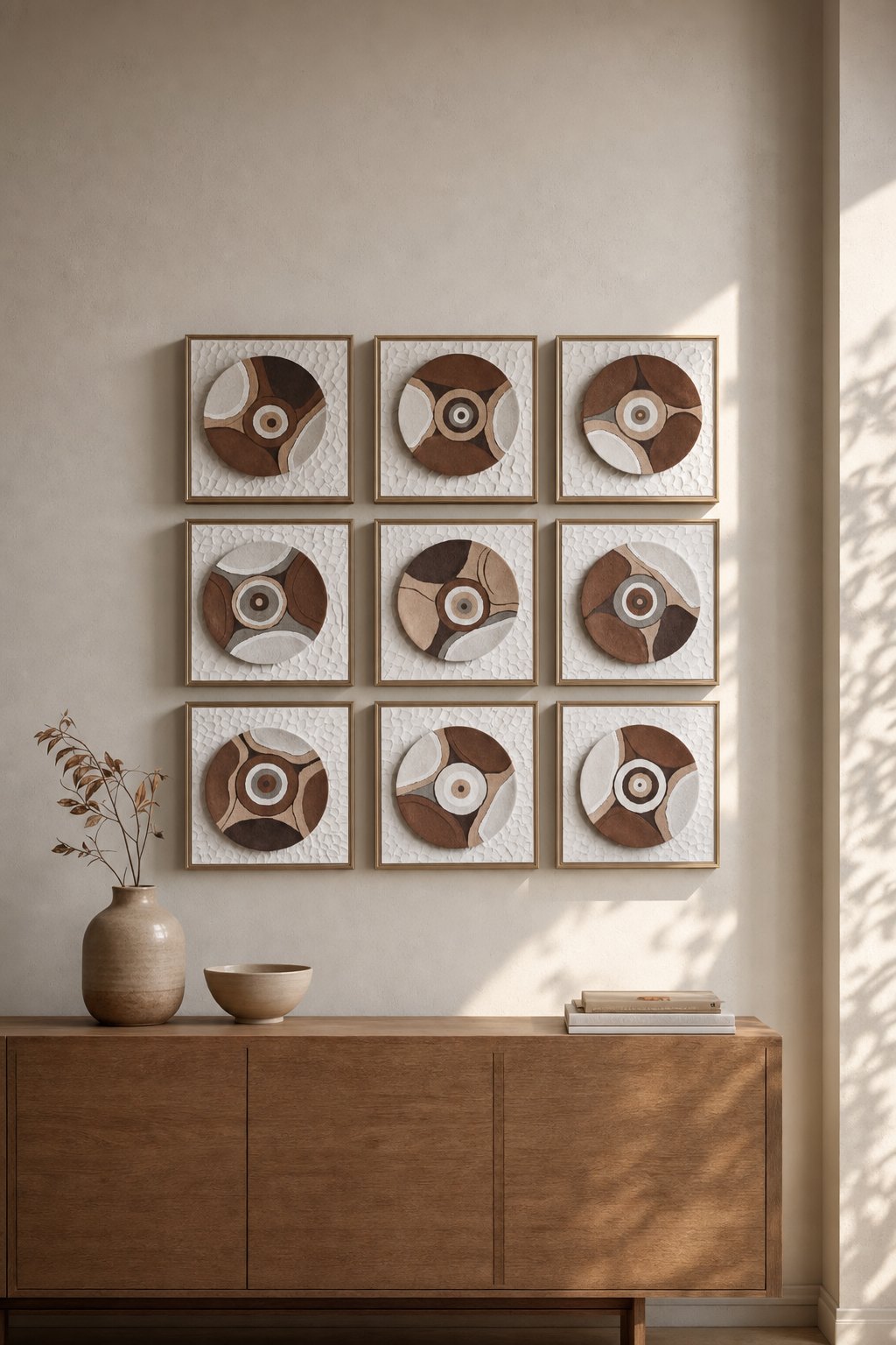 White Textured Square Panels with Brown Round Abstract Relief – 9-piece wall art set styled on a living room wall above a wooden sideboard