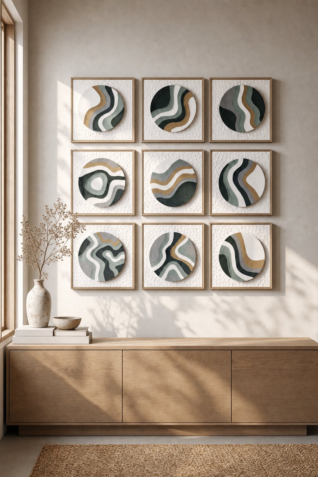 White Textured Square Panels with Sage & Charcoal Wave Discs – 9-piece wall art set styled on a living room wall above a wooden sideboard