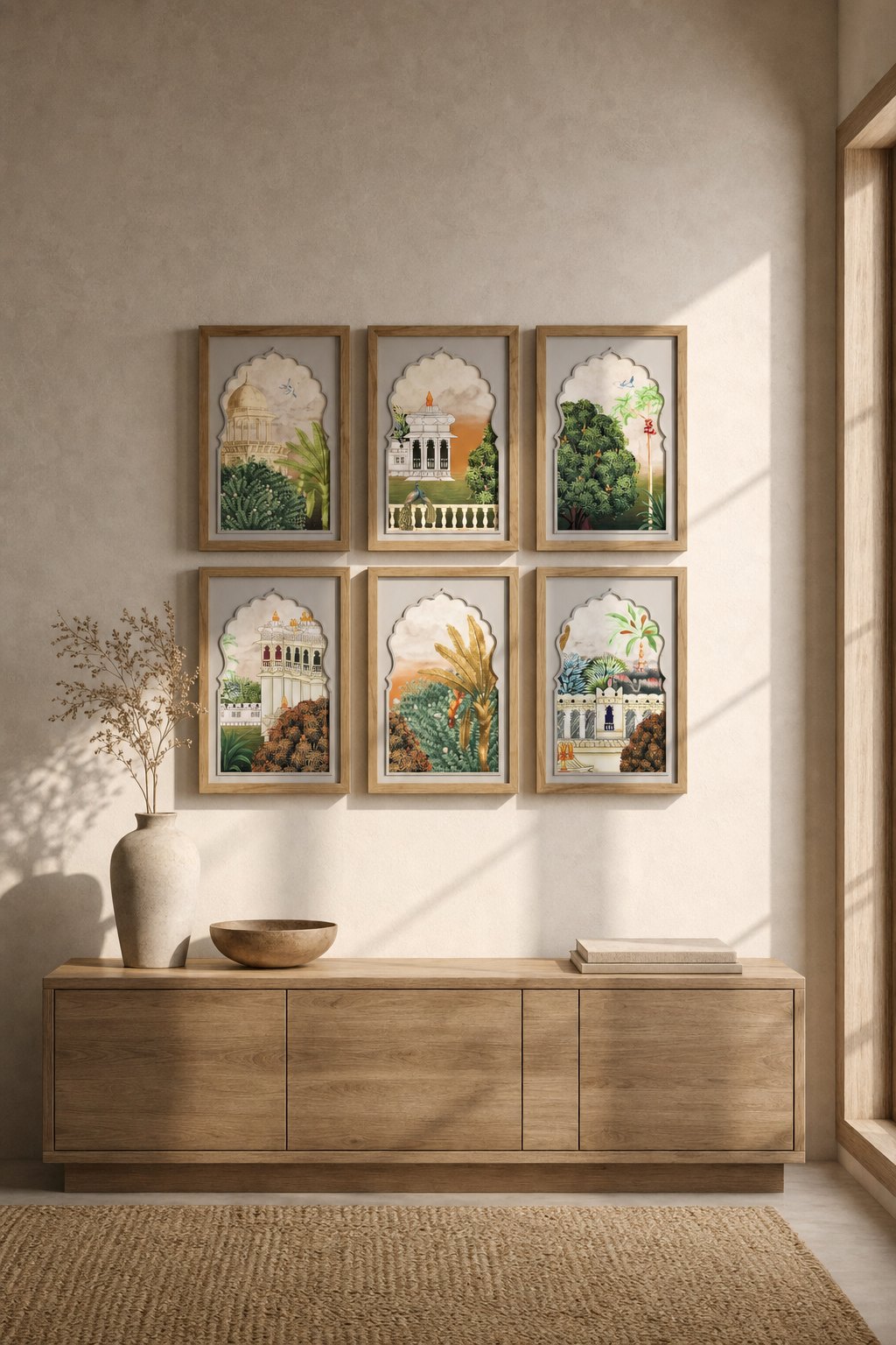 Wood-framed Mughal Arch Palace & Garden Paintings – 6-piece wall art set styled on a living room wall above a wooden sideboard