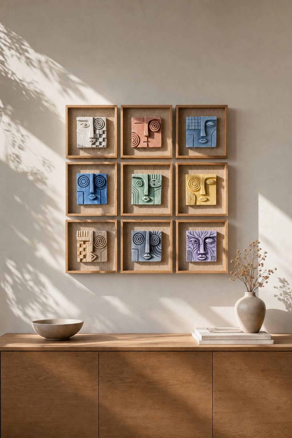 Wood-framed Sculpted Abstract Face Panels in Mixed Colours – 9-piece wall art set styled on a living room wall above a wooden sideboard
